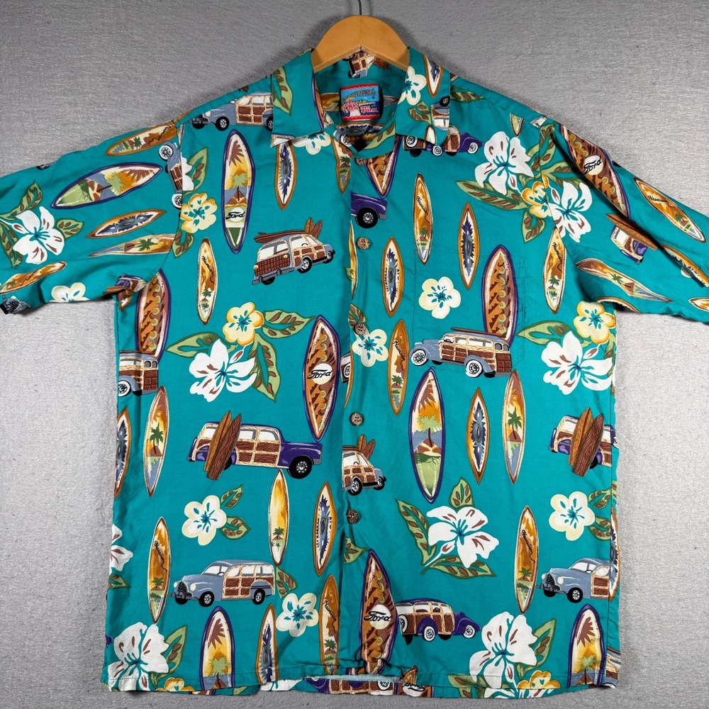 Reyn Spooner Joe Kealoha's Men's Teal Ford Woodie Wagon Surfboard Hawaiian Shirt